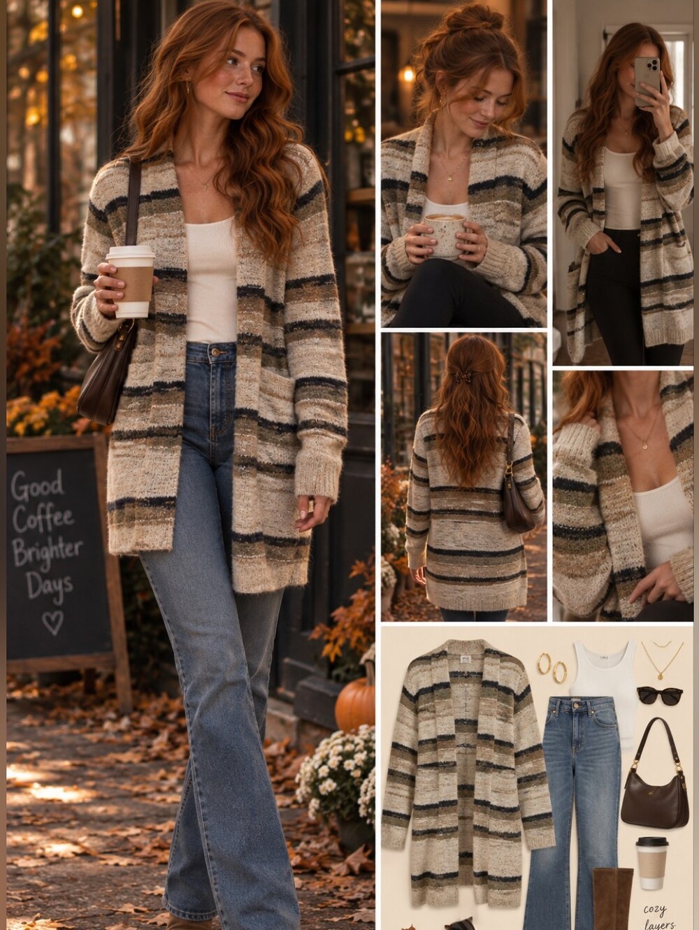 Wishlist Small Medium Striped Fall Cardigan Sweater Pocket Beige Chocolate Brown